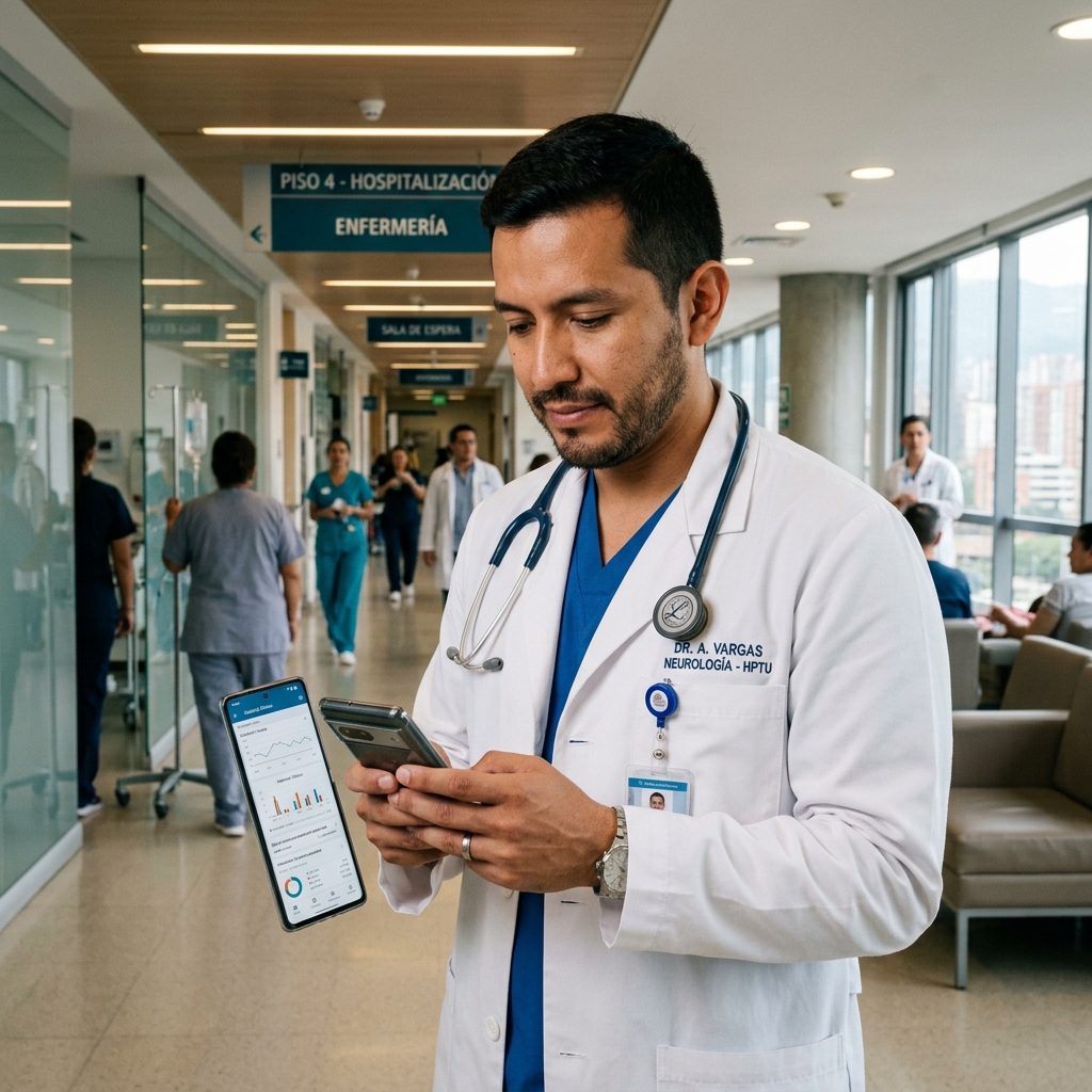 Médico revisando celular